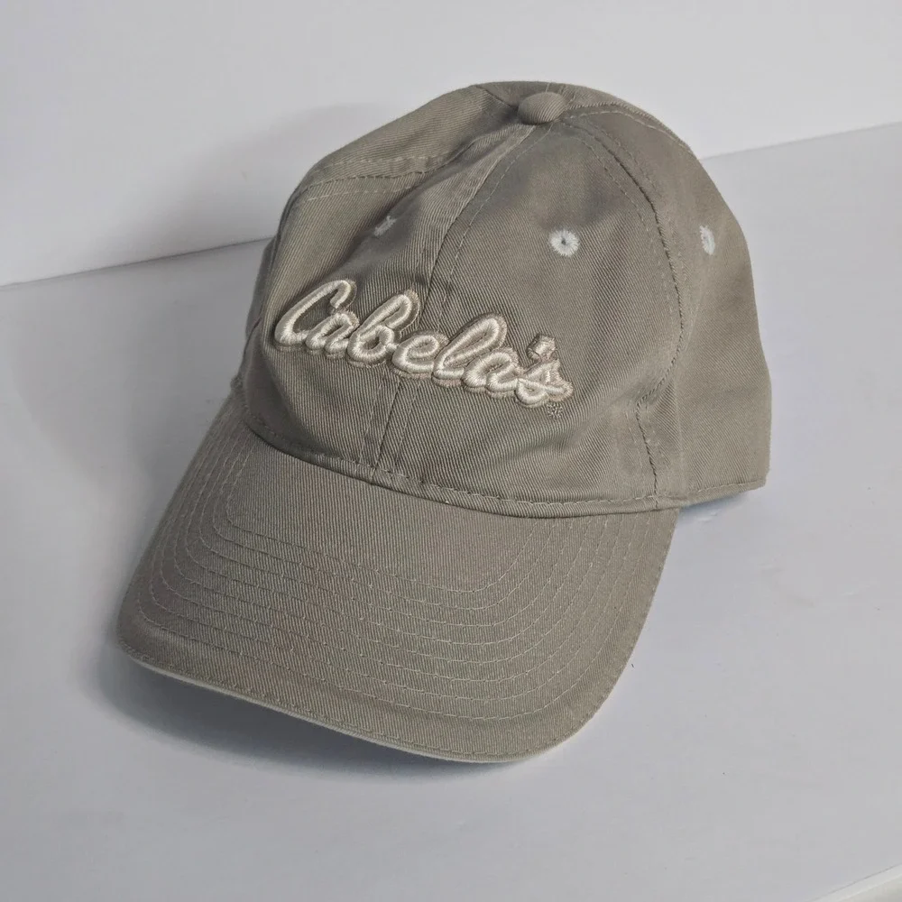 Cabelas Mens Khaki Tan Script Logo Adjustable Strapback Baseball Hat Cap OSFM